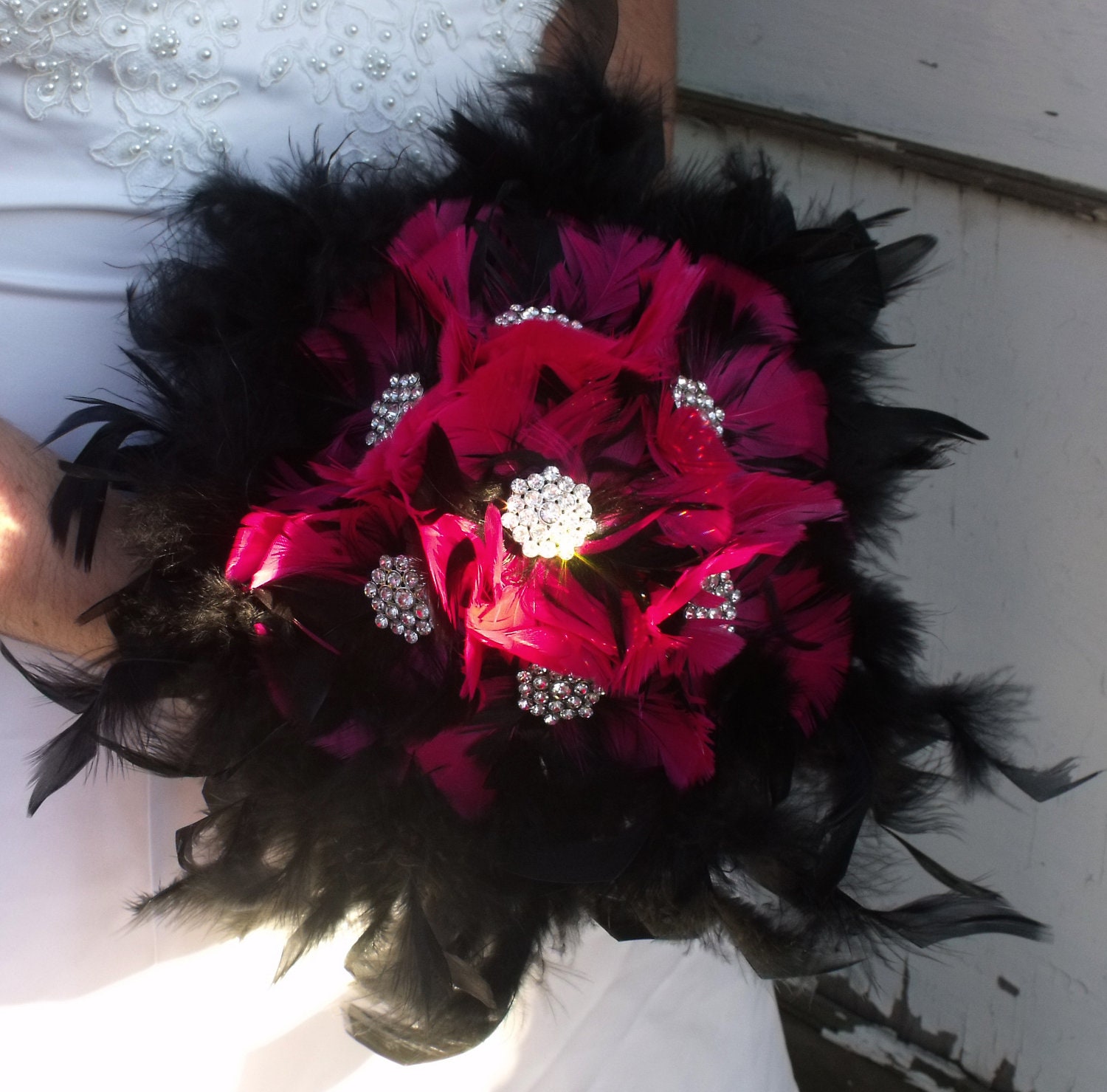 Pink and Black Feather Bouquet, Bridal Bouquet, Wedding Bouquet, Bridesmaid Bouquet, Custom Bouquet