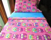 Childrens Bedding Set  'Pink Owls' for Girls Handmade Fleece Sheets Fits Crib and Toddler Beds
