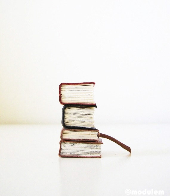 Miniature Library Collection, 4 Handmade Leather Books, classic decor, quirky, book art, librarian chic, bohemian decor, one of a kind, 1x1