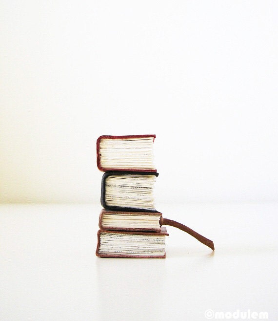 Miniature Library Collection, 4 Handmade Leather Books, classic decor, quirky, book art, librarian chic, bohemian decor, one of a kind, 1x1
