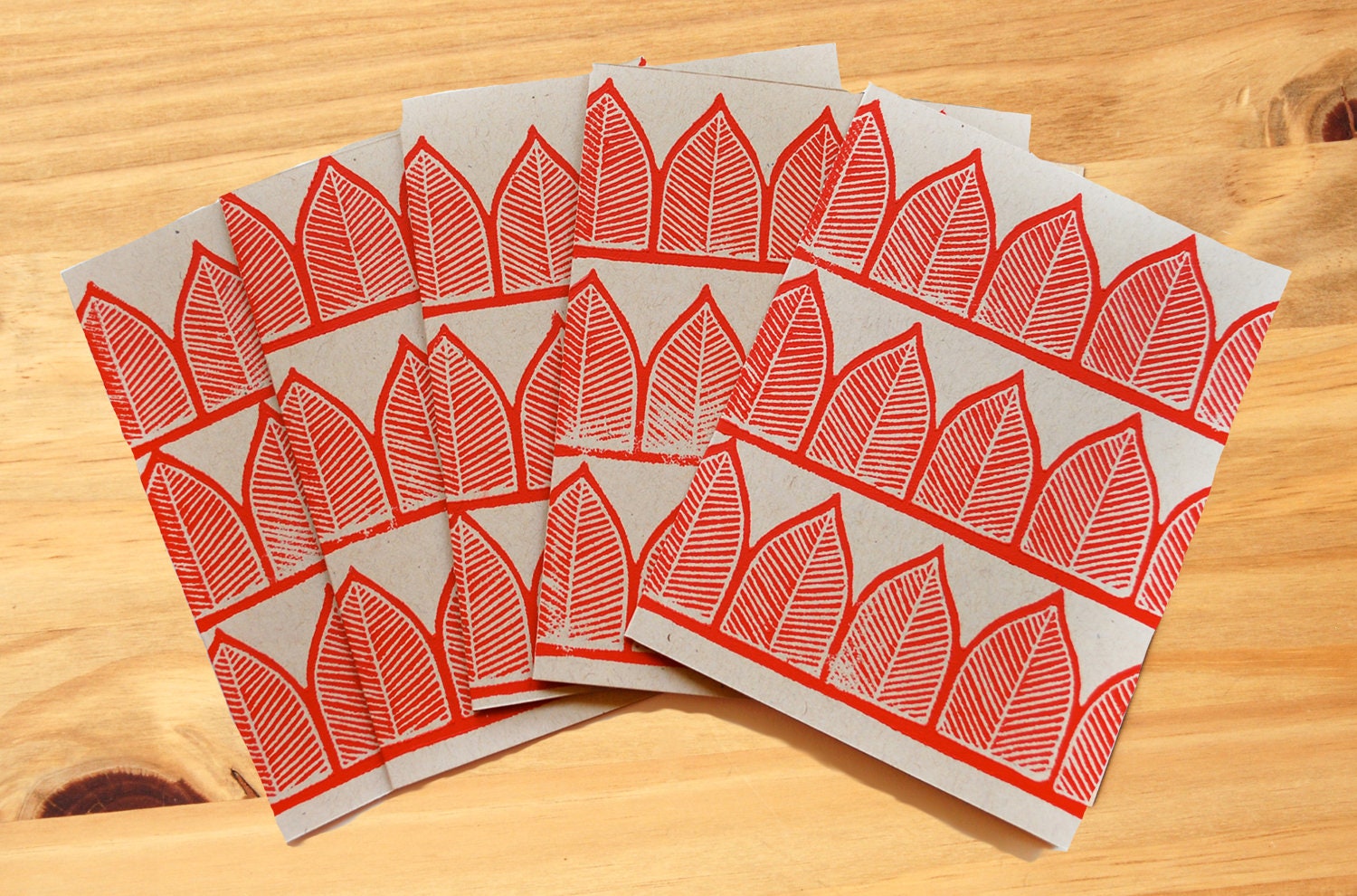 Five hand block printed cards
