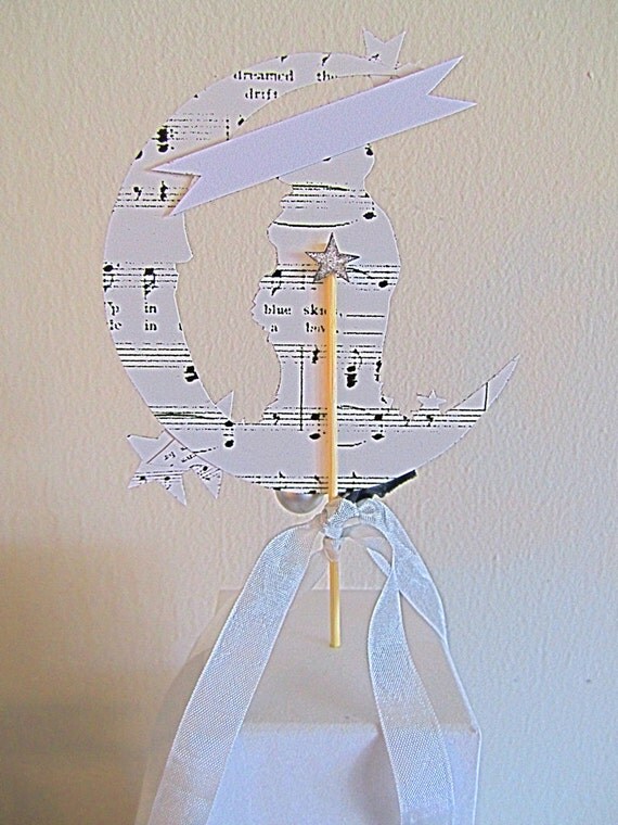 Vintage Inspired Wedding Cake Topper -  1920's Style Bride And Groom Nestled On The Moon in Sparkling Silver Glass Glitter