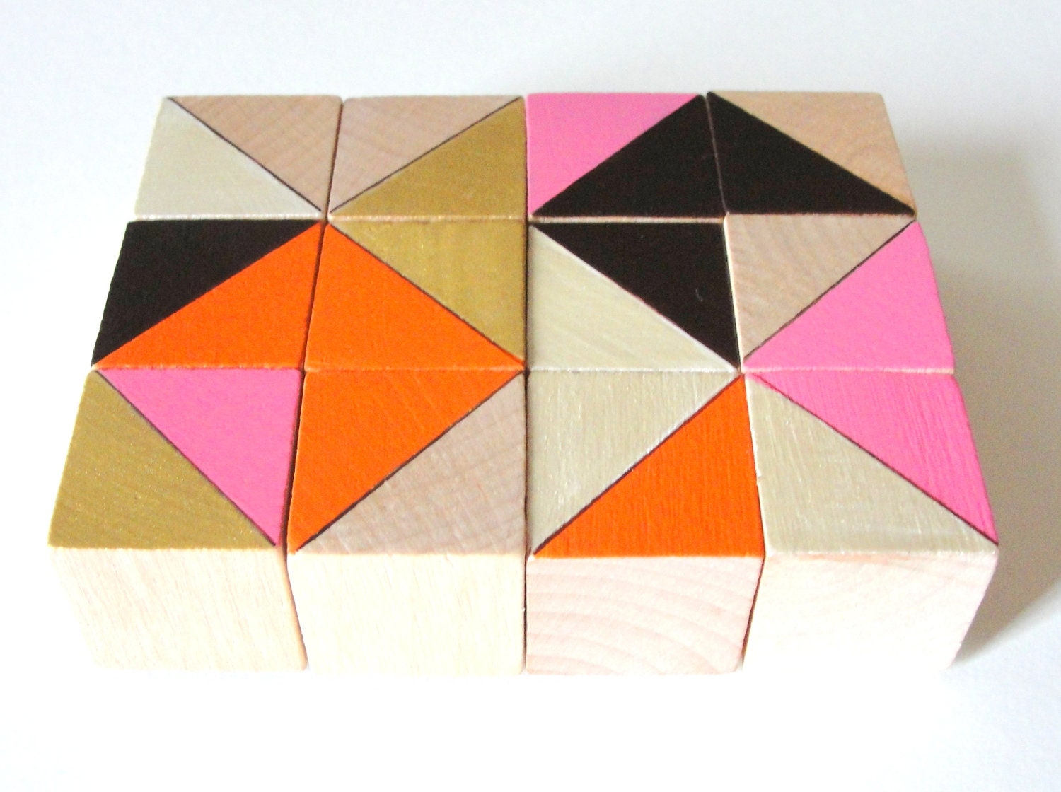 12 Color Block Magnets - Hand Painted Wood Blocks in FLORENCE SET (Pink, Orange, Gold) - Geometric, Triangles, Color Block