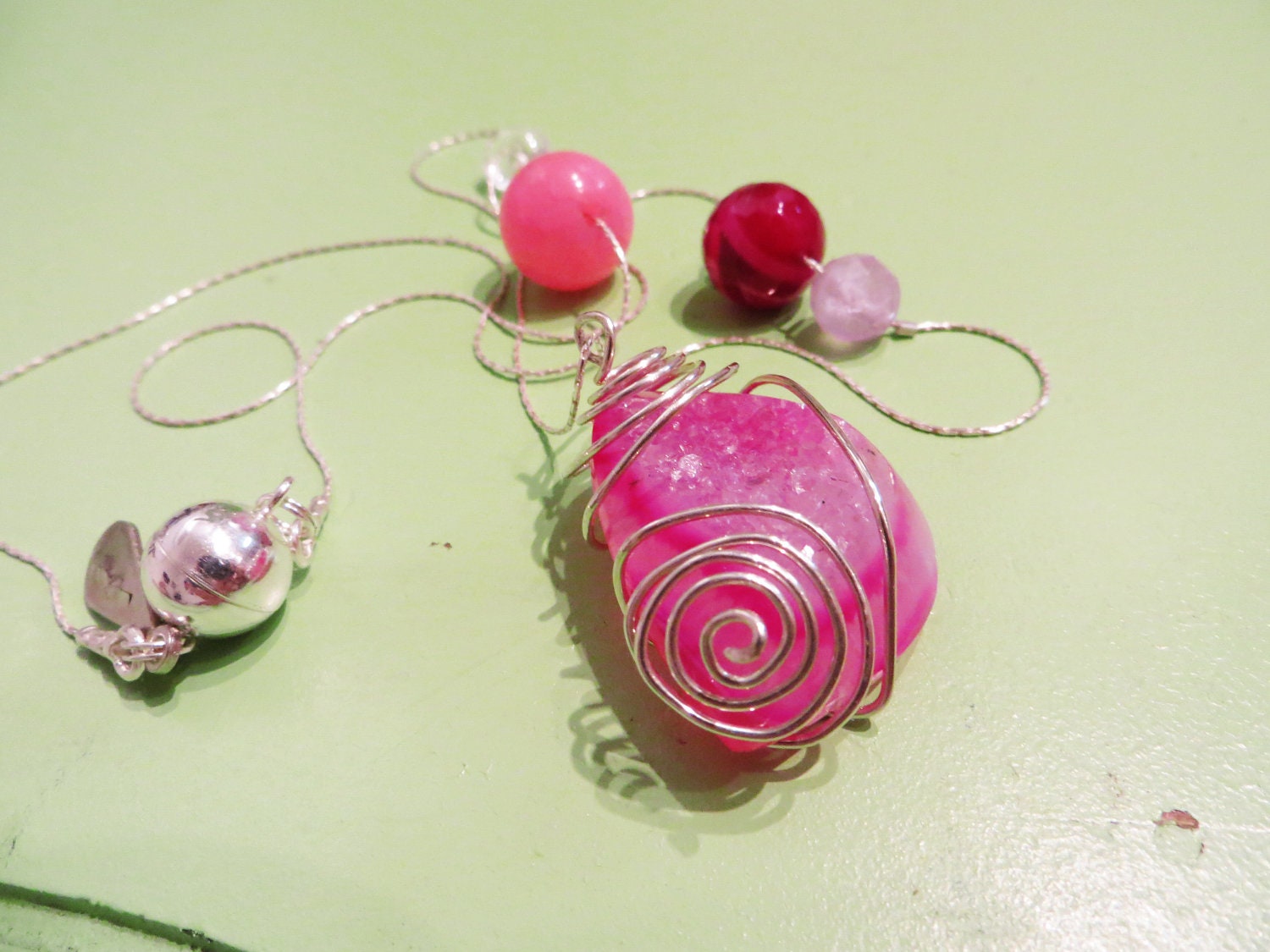 Fine Sterling Silver Bright Pink Druzy Necklace.