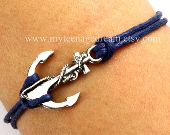 anchor bracelet, deep blue wax rope bracelet, vintage style antique silver anchor charm