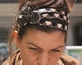 Girls Headband Head wrap, Black and White Checker Cotton Fabric, Bow Detail, retro style with Adjustable back - jahannamartinez
