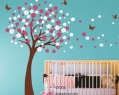 Cherry Blossom Tree - Vinyl wall decals trees wall decals nursery wall decals baby girl children wall decals  white  pink flowers butterfly