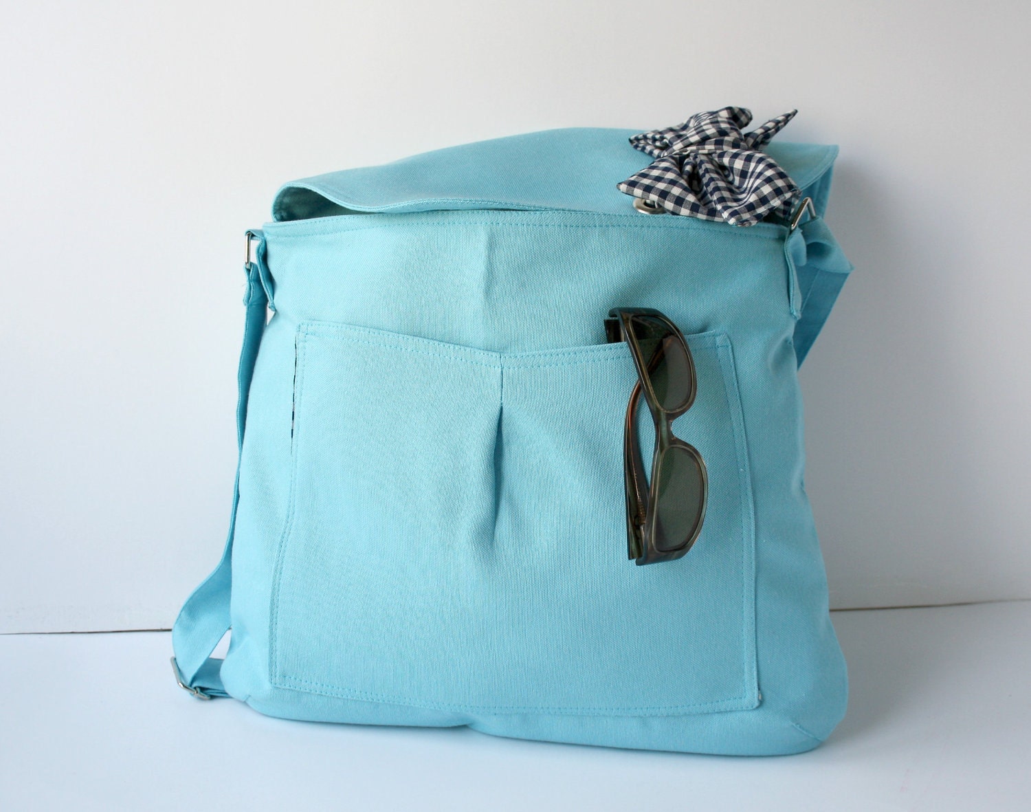 Turquoise Cotton Fabric Messenger Bag Navy Blue and White Gingham Bow Adjustable strap