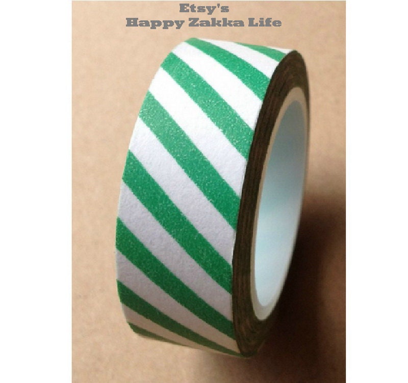 Japanese Washi Masking Tape - Green and White Diagonal Stripe - 11 Yards