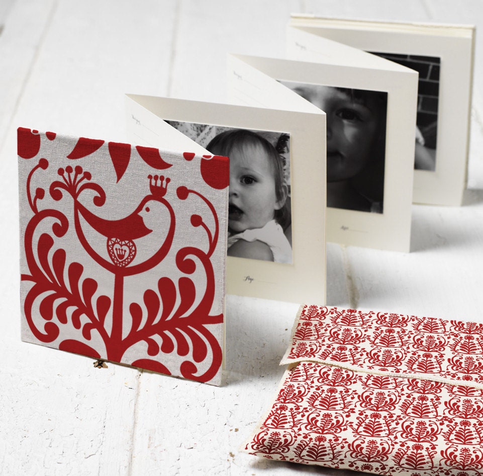 ONCE-A-YEAR BOOK, Red Bird design/ Hand bound baby's photo album keepsake & memory book, journal and first words notebook all in one.