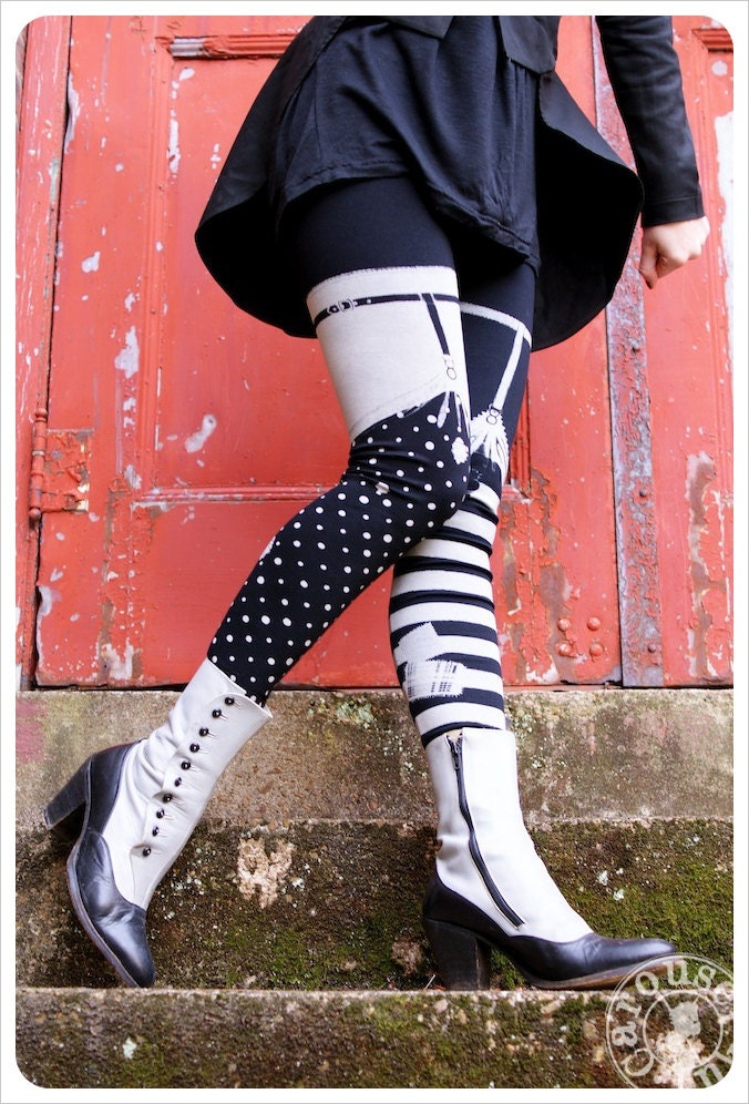 GREY Pippi Leggings  - Black Grey Striped GARTER Legging - Polka Dot Striped Tights - SMALL Legwear Womens Tights