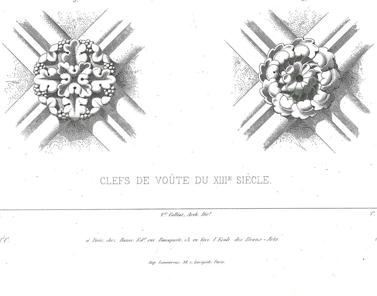 1861 Antique Architecture Engraving 13th Century Keystones Clefs de Voûte