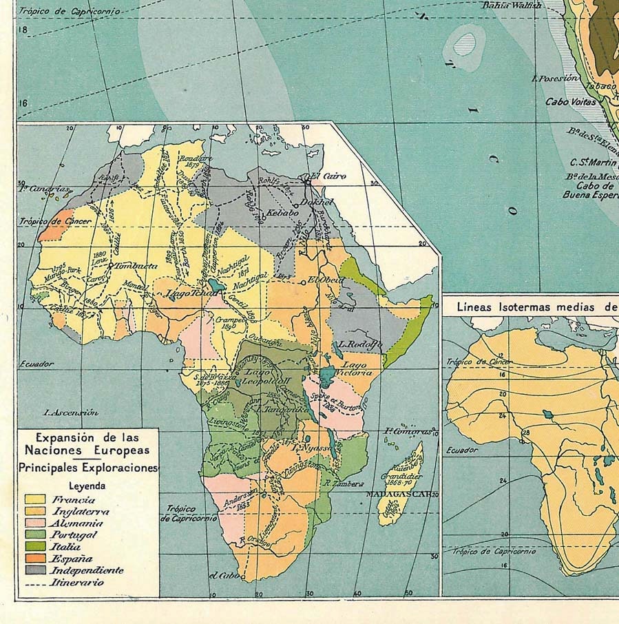 Physical Map Africa 1910s 100 Years Old Lithograph