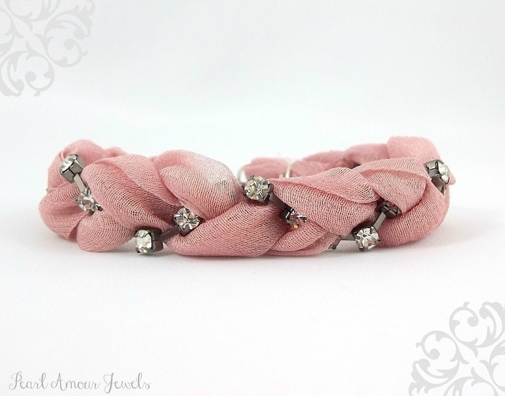 Blush Pink Rhinestone Bracelet - Pink Sari Wrap Bracelet - Friendship Bracelet