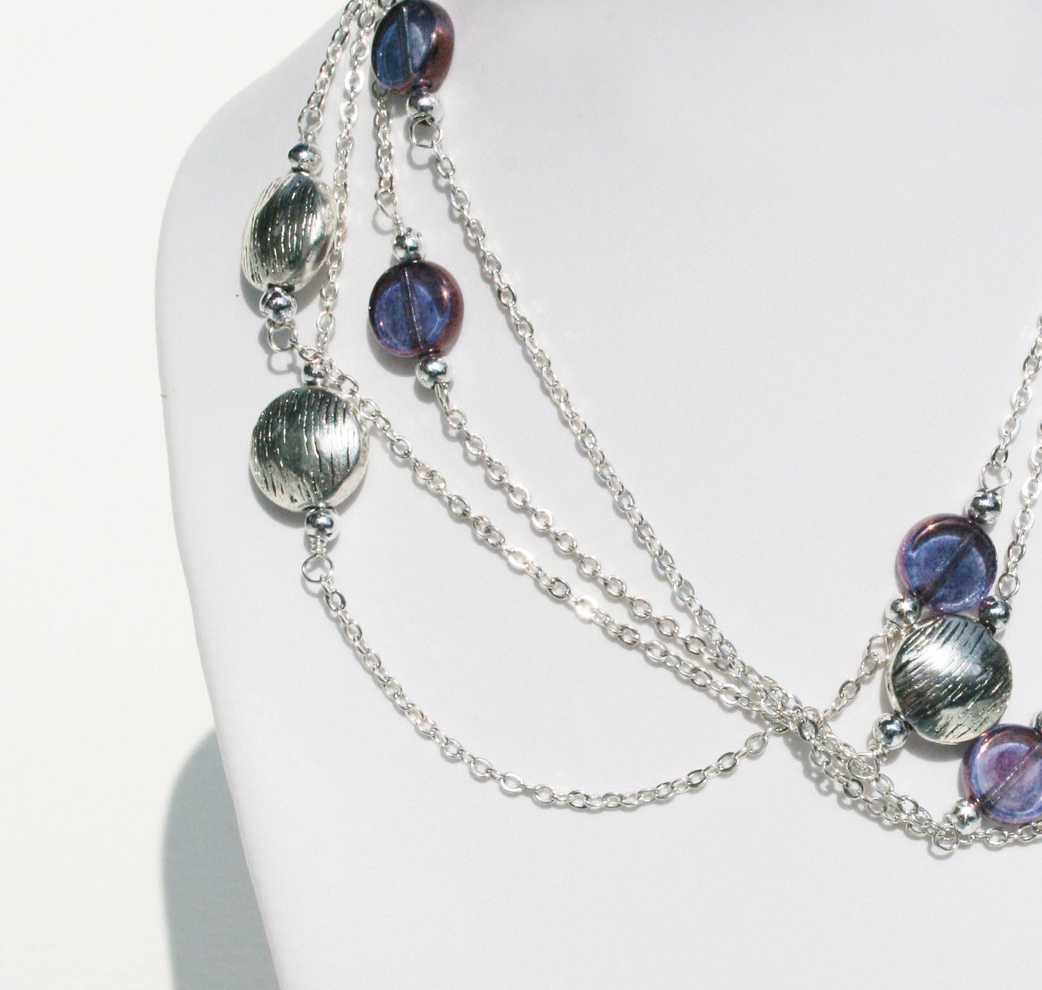 Long Necklace Purple Glass Beads Silver Chain - Uk Seller - Ready to Ship