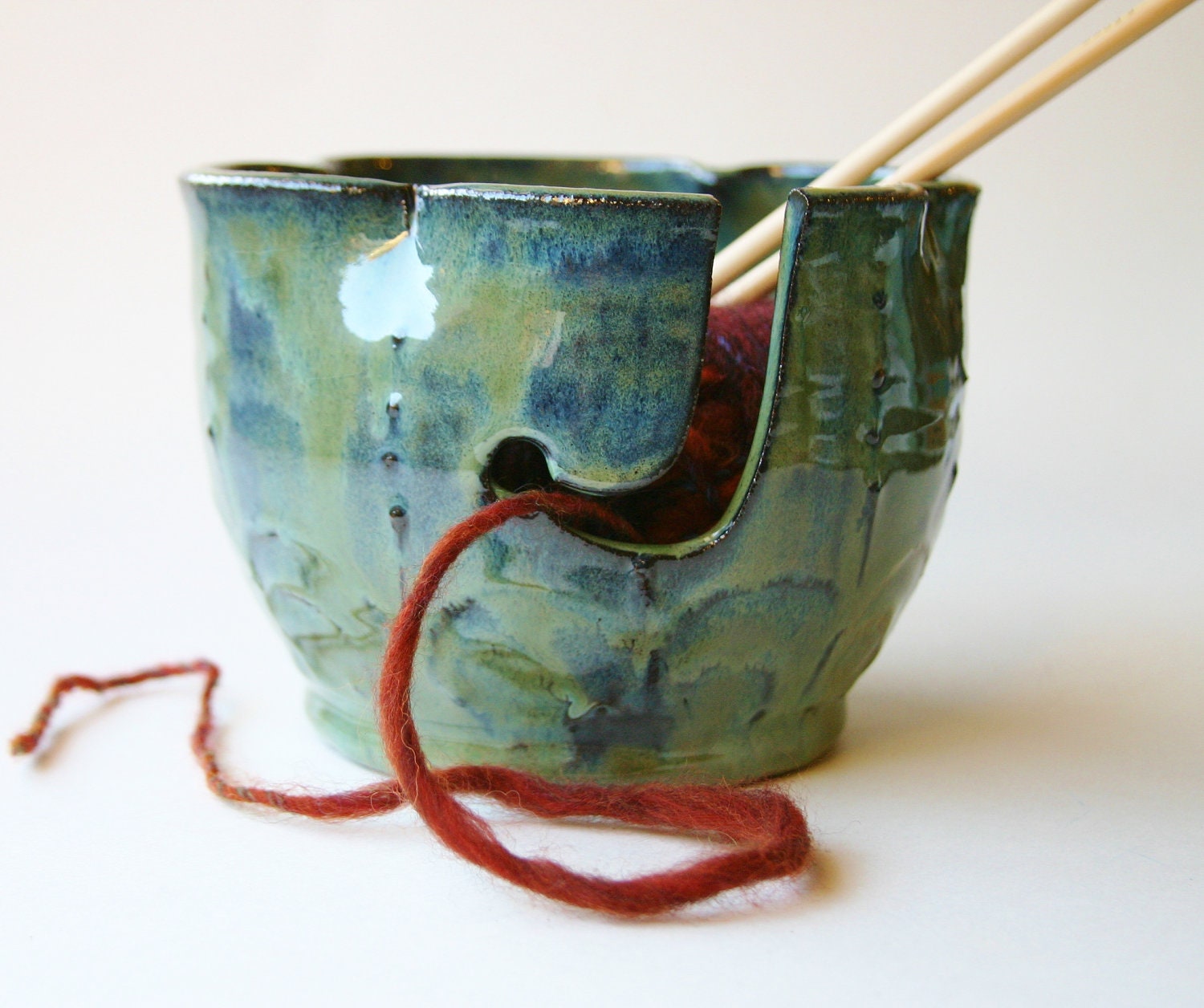 Pottery Yarn Bowl - Ocean Blue Seaweed Green - OOAK  - Indie Home Decor