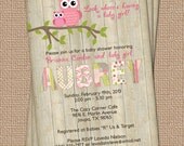 Owl baby shower invitation with wood background, digital, printable file (any colors)