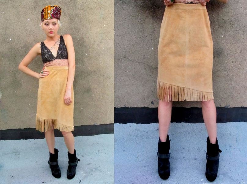 LEATHER Suede Fringe Assymetrical Tan Camel Pencil Skirt