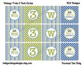 Custom, Printable Vintage Train 2 Inch Party Circles, Blue/Green.... Cupcake Toppers, Favor Tags, Decorative Circles Il_170x135