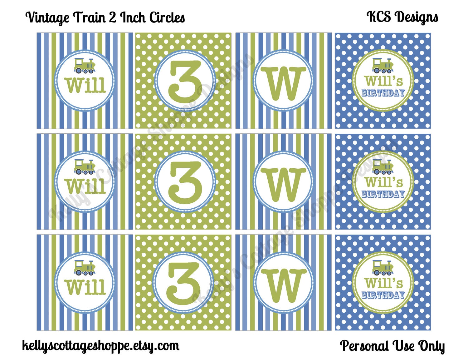 Custom, Printable Vintage Train 2 Inch Party Circles, Blue/Green.... Cupcake Toppers, Favor Tags, Decorative Circles Il_570xn