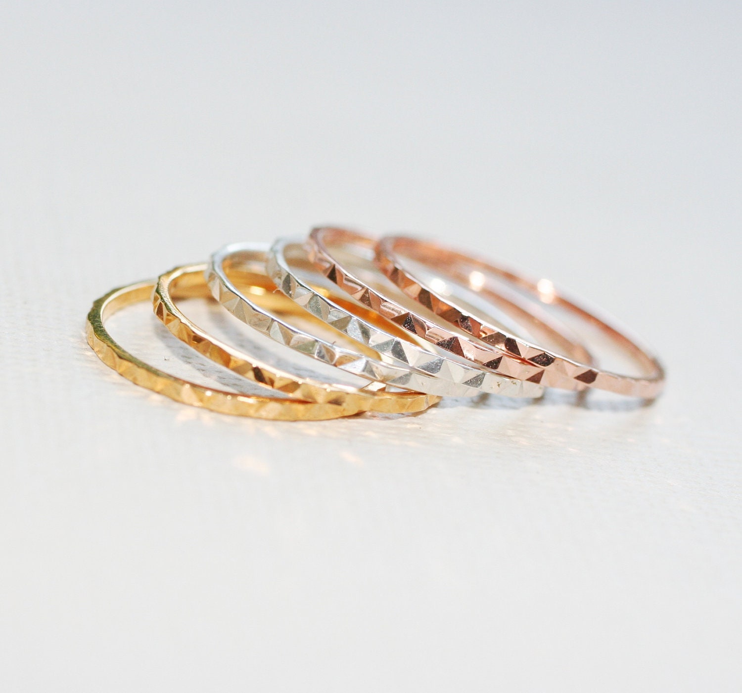 Set of 6 - PYRAMID Texture - Rose/Gold/Silver - Stackable Rings (STERLING SILVER)