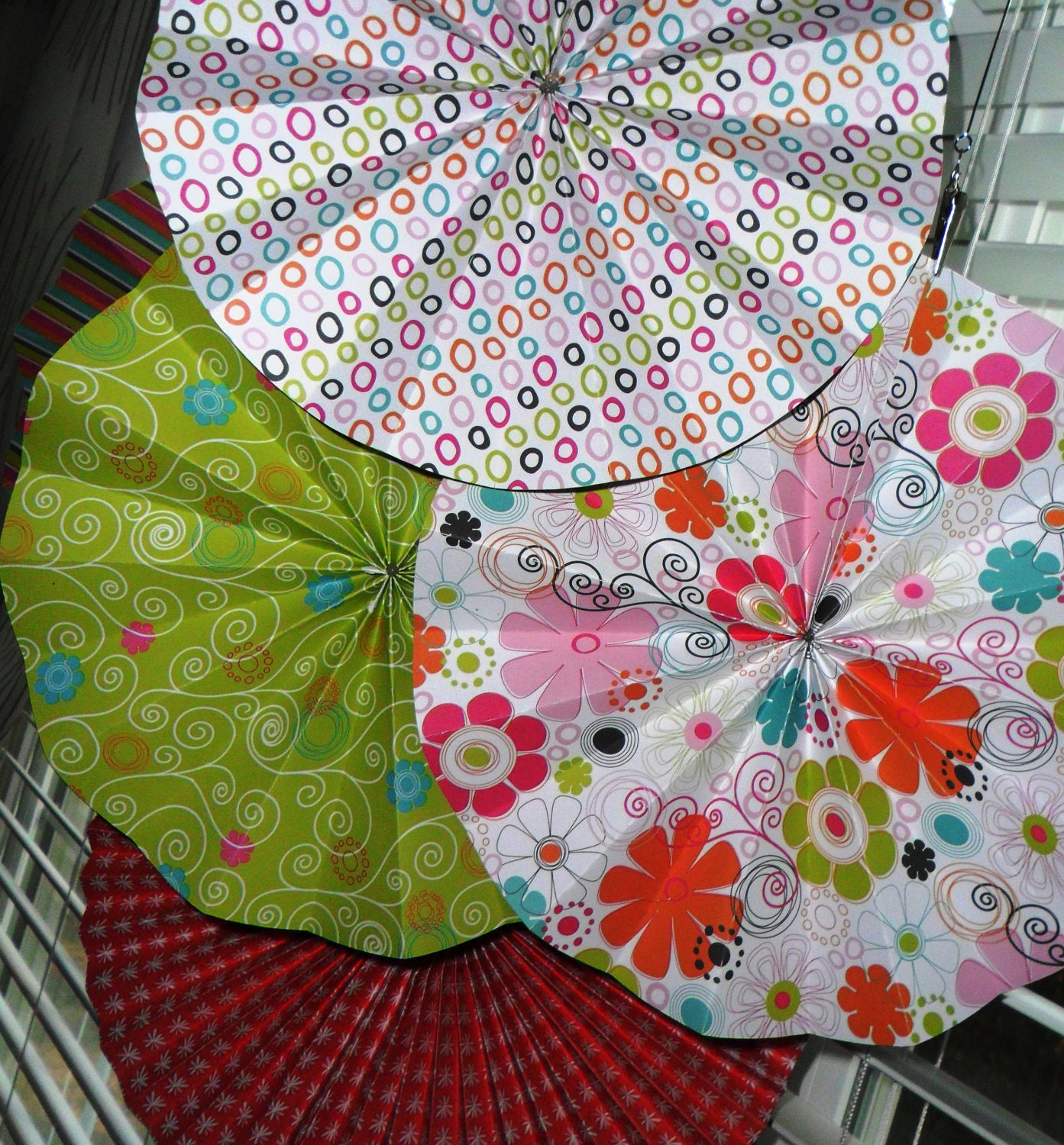 Hanging Paper Fans and Rosettes Medium Size for party decoration for a birthday party bat mitzvah baby shower bridal shower or wedding