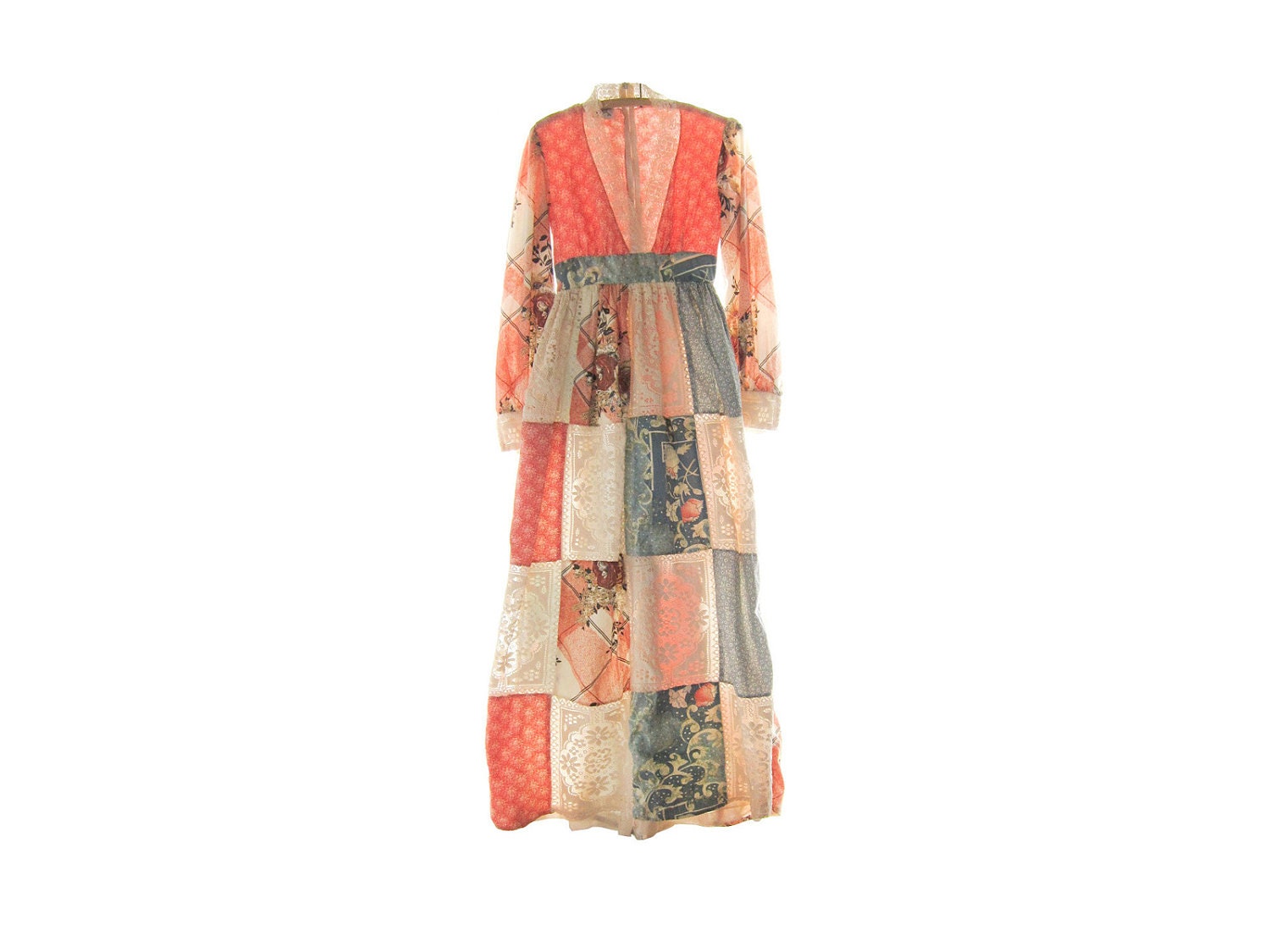 Vintage Maxi Dress with Crochet Panels, Lace and Pastel Colors