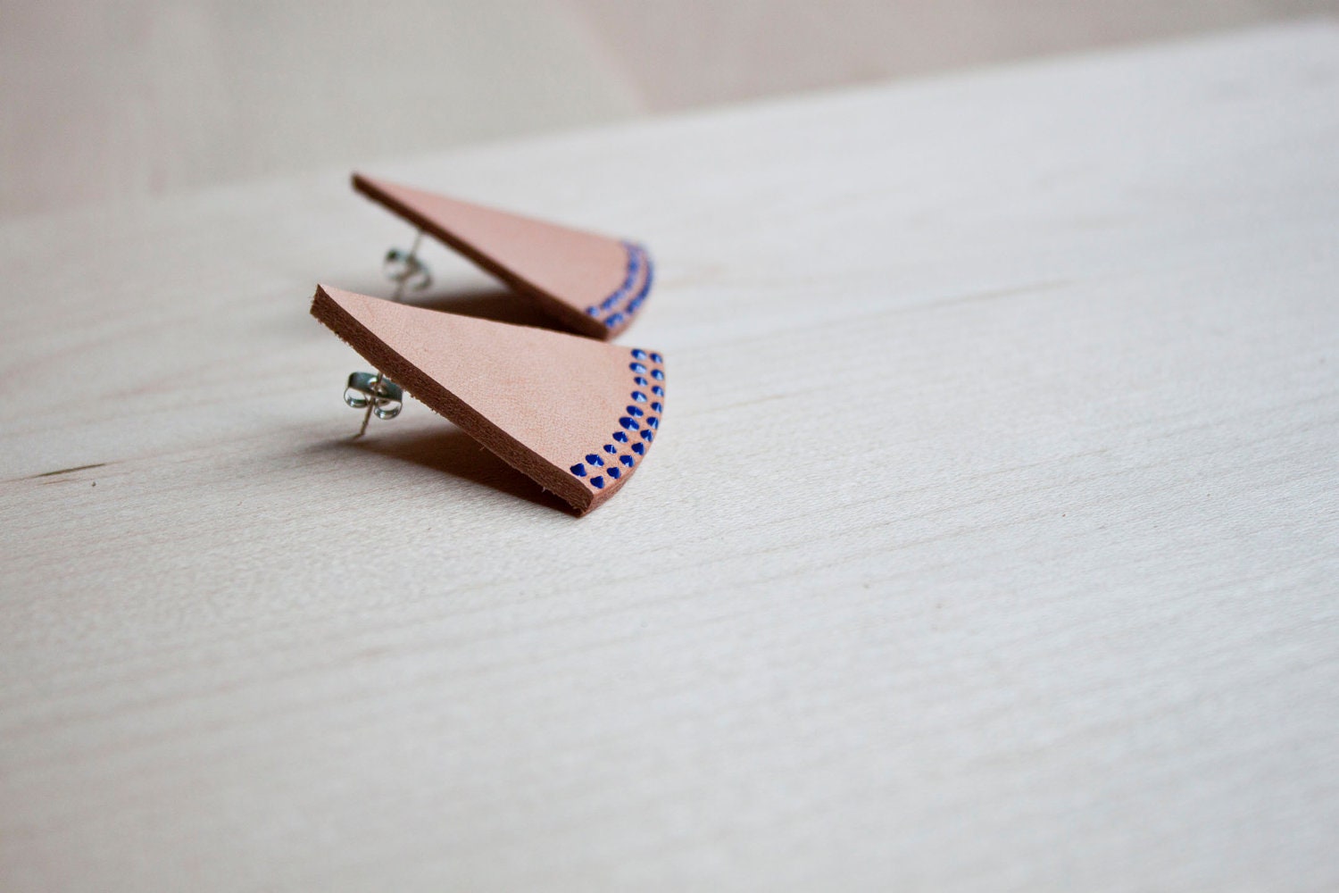 Triangle Dotted Tan and Cobalt Blue Leather Post Earrings by Cre8tivesoul