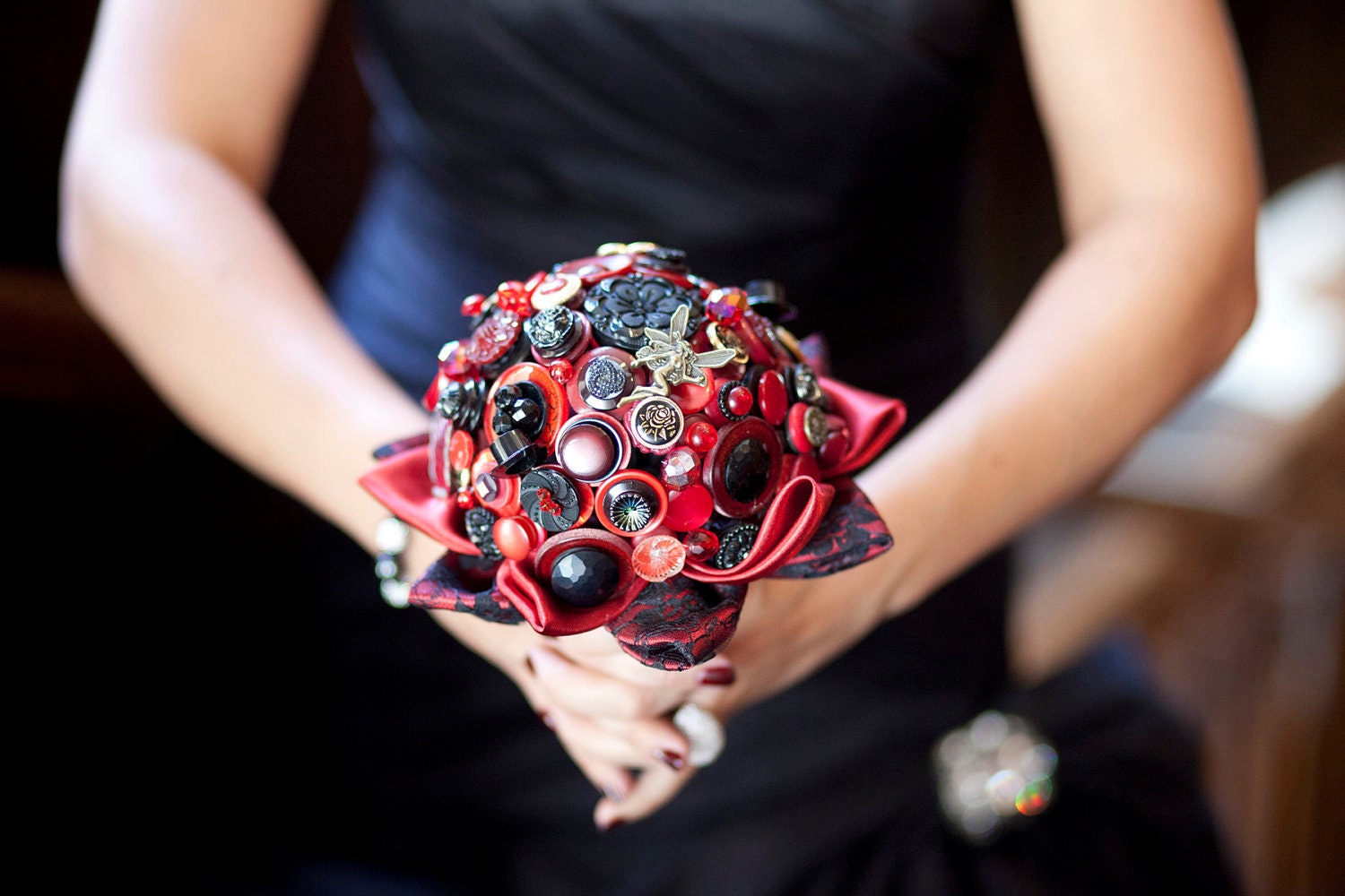 The Satin Button Bouquet and Buttonhole - Moulin Rouge Burlesque Wedding - Ready To Ship