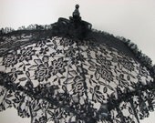 VICTORIAN  PARASOL in Black Lace with Silver Underside and Ruffle to Mtach