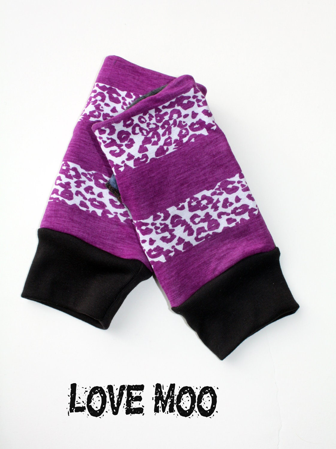 Fingerless Gloves in purple and white cheetah, multicolored tweed and geometric sweater - Recycled tweed  - fleece lined