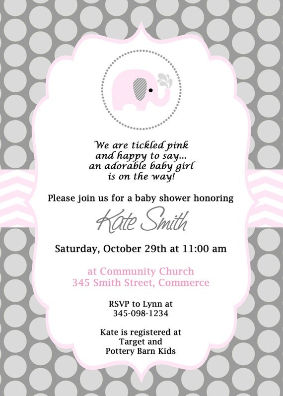 Printable Pink Elephant Polka Dot and Chevron Baby Shower Invitation. Customized Shower Invitation. Cute Pink Elephant Birthday Invitation. Il_570xn