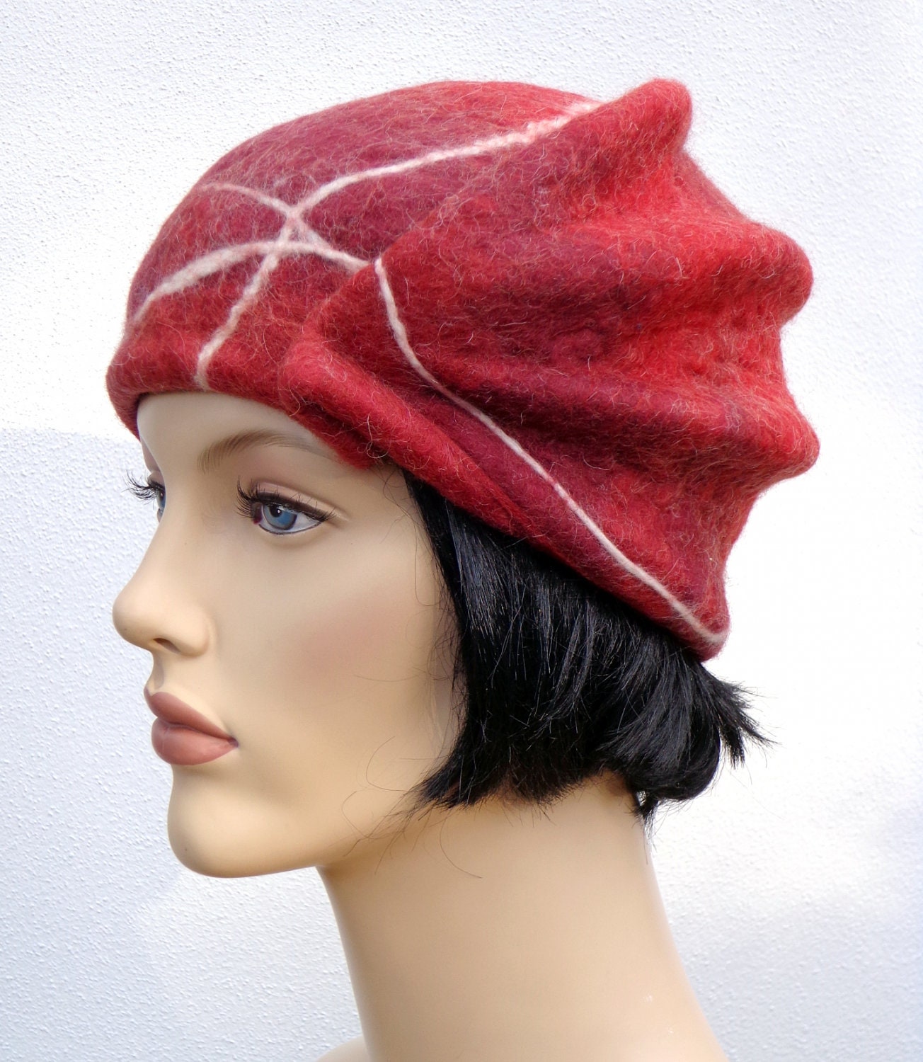 Beautiful asymetrical women beret, red felt beret, elegant winter hat, retro hat, 20's inspired hat