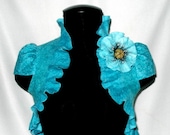 Bridal Bolero Jacket Shrug Wedding Turquoise Nuno felted. Wool and silk. Shimmer pearls.TURQUOISE
