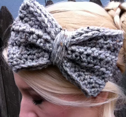 Heather Grey Marble Bow Headband Crochet- Adjustable
