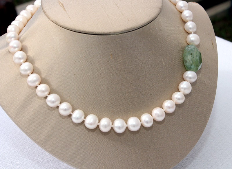 Necklace, Freshwater Pearl 10 MM-11 MM with one large slightly faceted Prehnite Bead