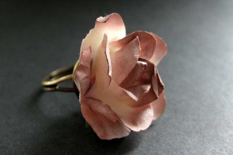Brown Flower Ring with Antiqued Brown Rose Paper Flower. Adjustable Ring in Bronze. Handmade Jewelry.