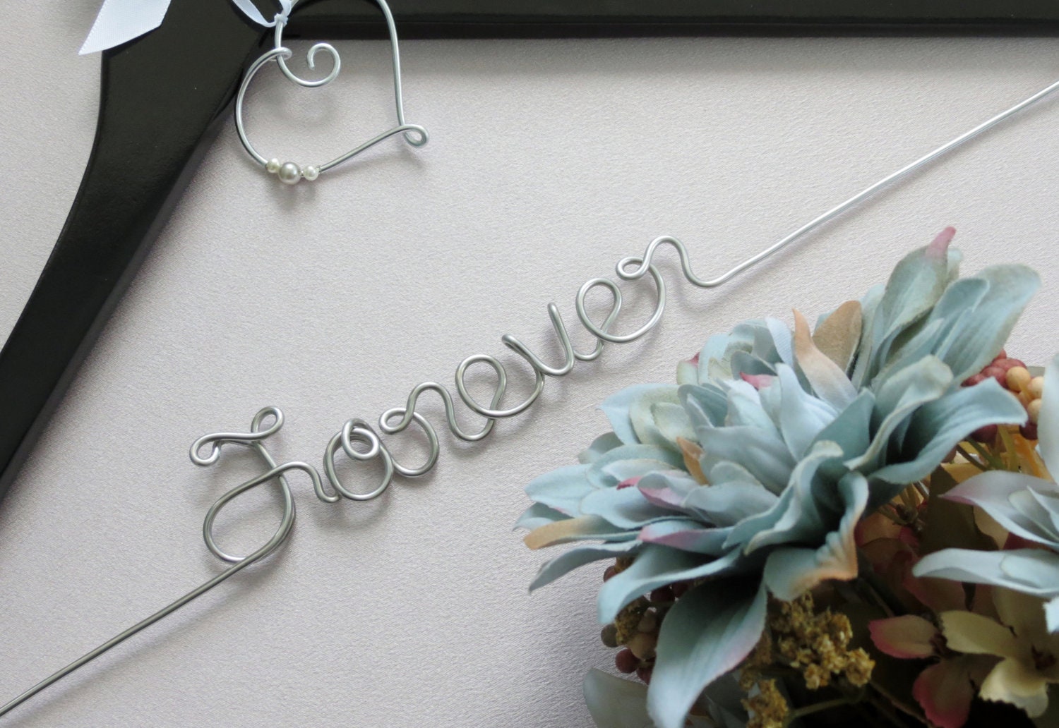 Personalized Wedding Hanger BLACK with Monogram or Heart Charm and Ribbon, Custom Hanger, Name Hanger, Wedding Gift