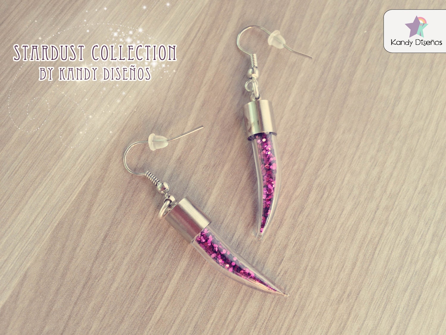 Pink Stardust Earrings. Bottle Earrings. Fang tusk bottle. Fuchsia glitter. Galaxy Astronomy inspired