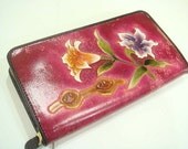 Handtooled Flower Women leather zipper purse ( Red )