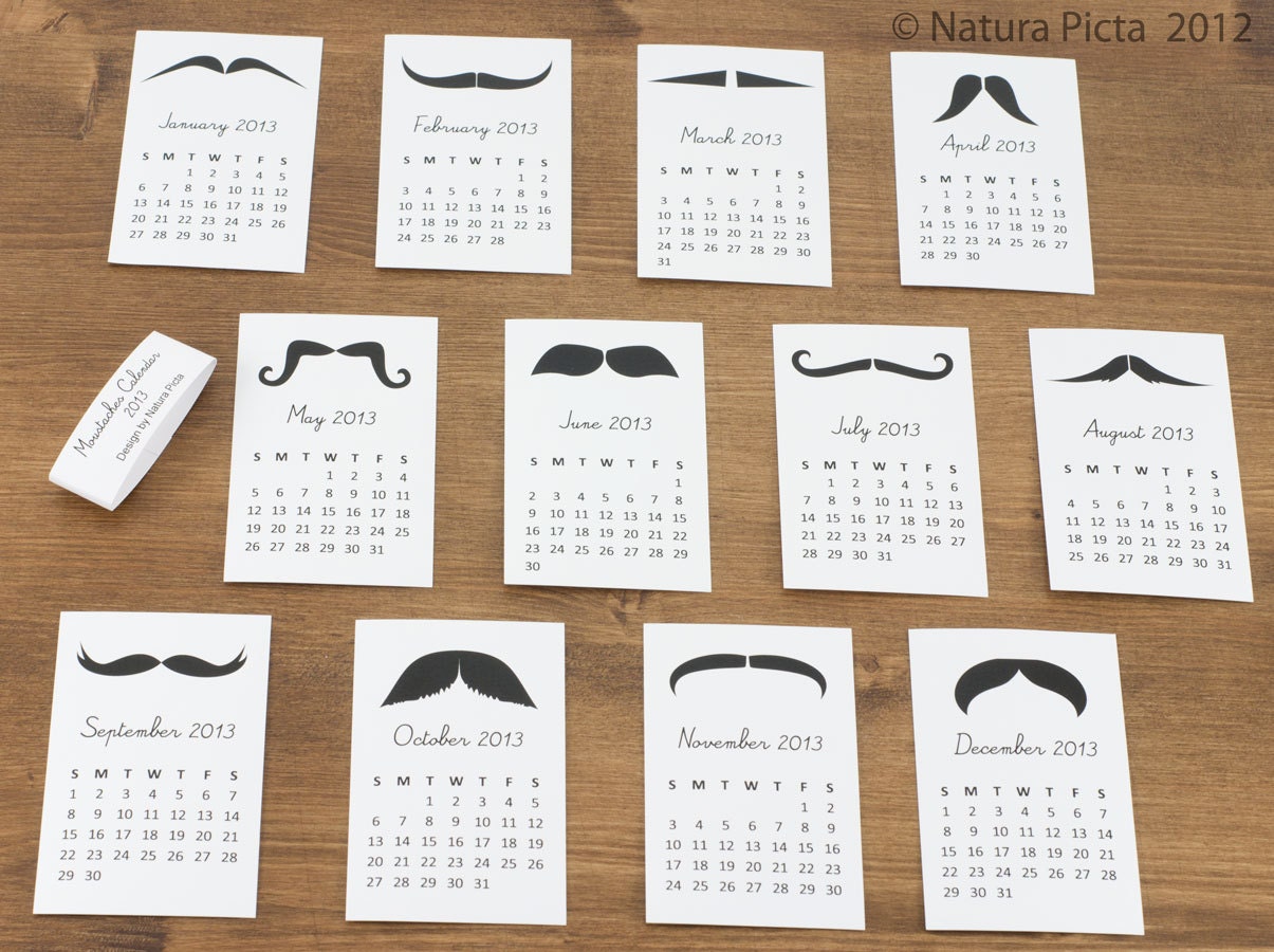 Mustache Mini Calendar - 2.2x3.5 inch on White Paper - created by NATURA PICTA