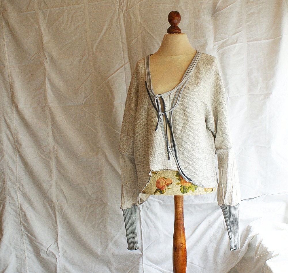 Light Grey Asymmetrical Cardigan Loose Jacket  Upcycled Blazer Woman's Clothing Shabby Chic Eco Friendly Style