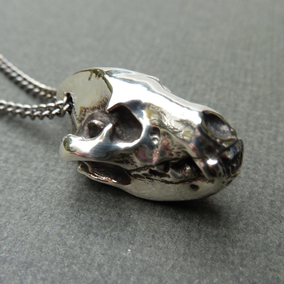 Hyena Skull Pendant Necklace in Polished Solid Sterling Silver