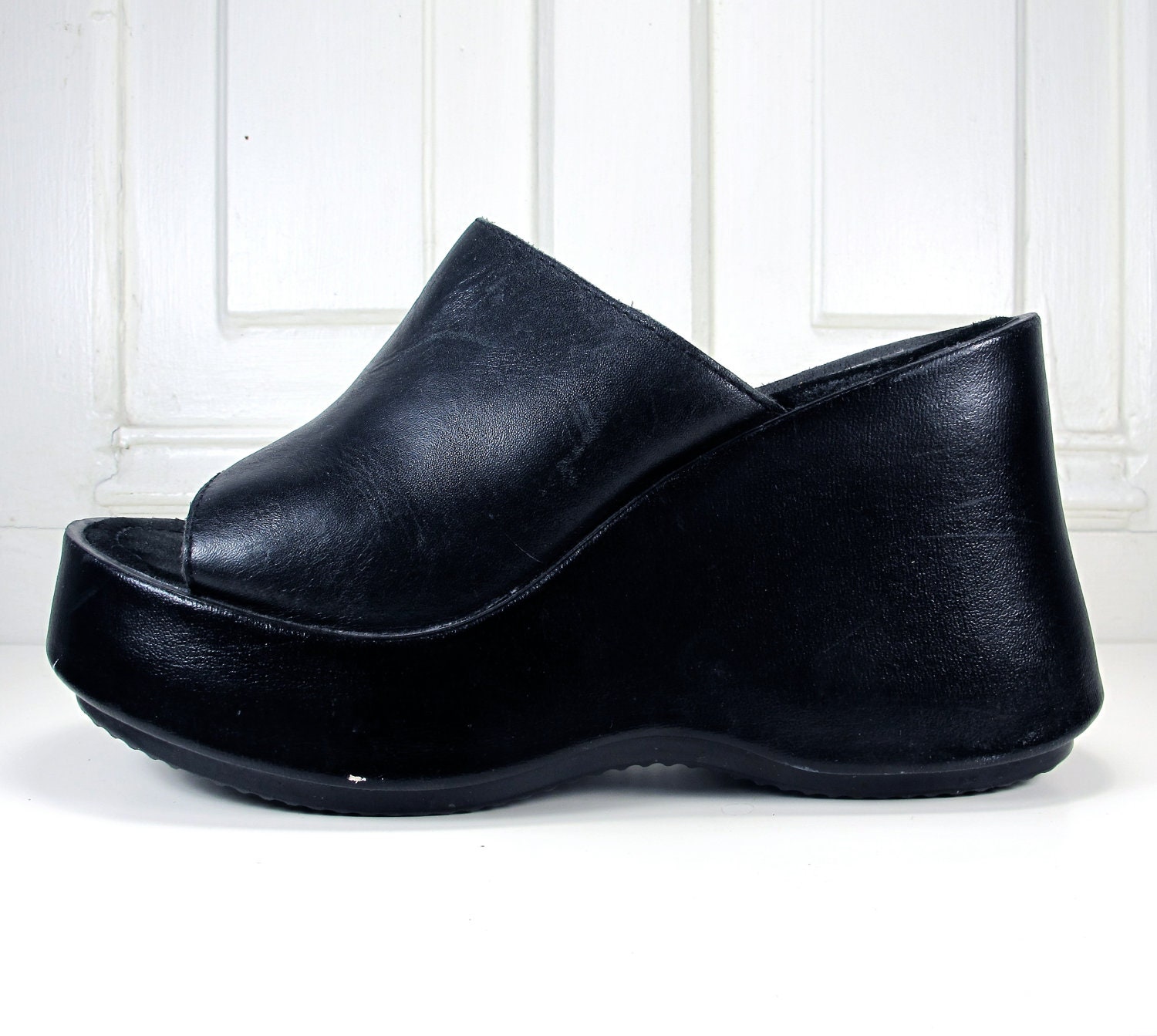 black platform wedge mules