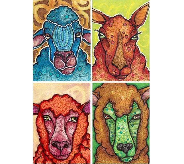 Sheep Art Print, Four Woolly and Colorful Creatures