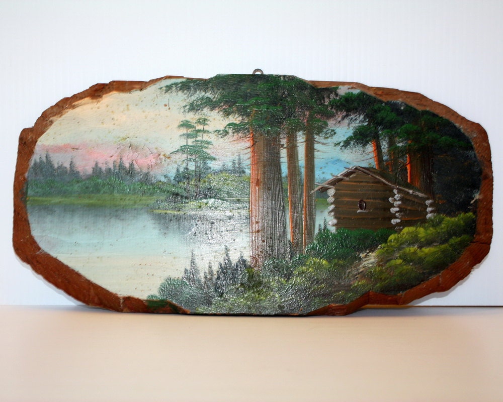 Vintage Oil Painting Primitive Log Cabin Lake by EmeliasCupboard