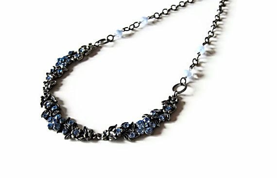 Flower Choker, Vintage Blue Rhinestones and Silver