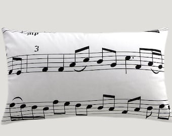 White Cotton Designer Musical  notes patterned  fabric Lumbar pillow case, fits 12"x 20" insert.
