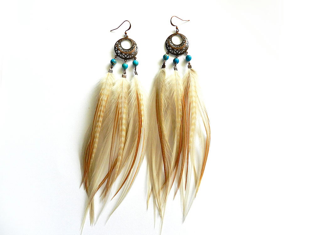 Long Feather Earrings - Turquoise Jasper Stones, White, Cream, Tan, Brown, Natural, Dream Catcher, Boho Coachella Fashion