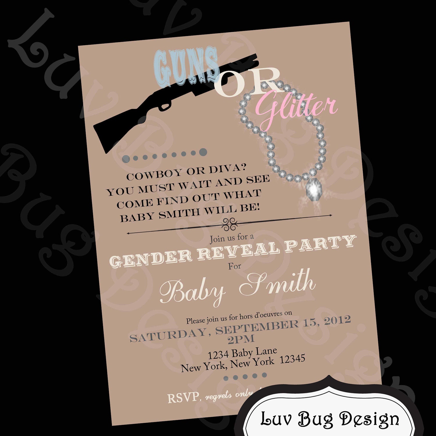 PRINTABLE Guns or Glitter Themed Baby Shower or Gender Reveal Invitation-Printable party invitations by Luv Bug Design